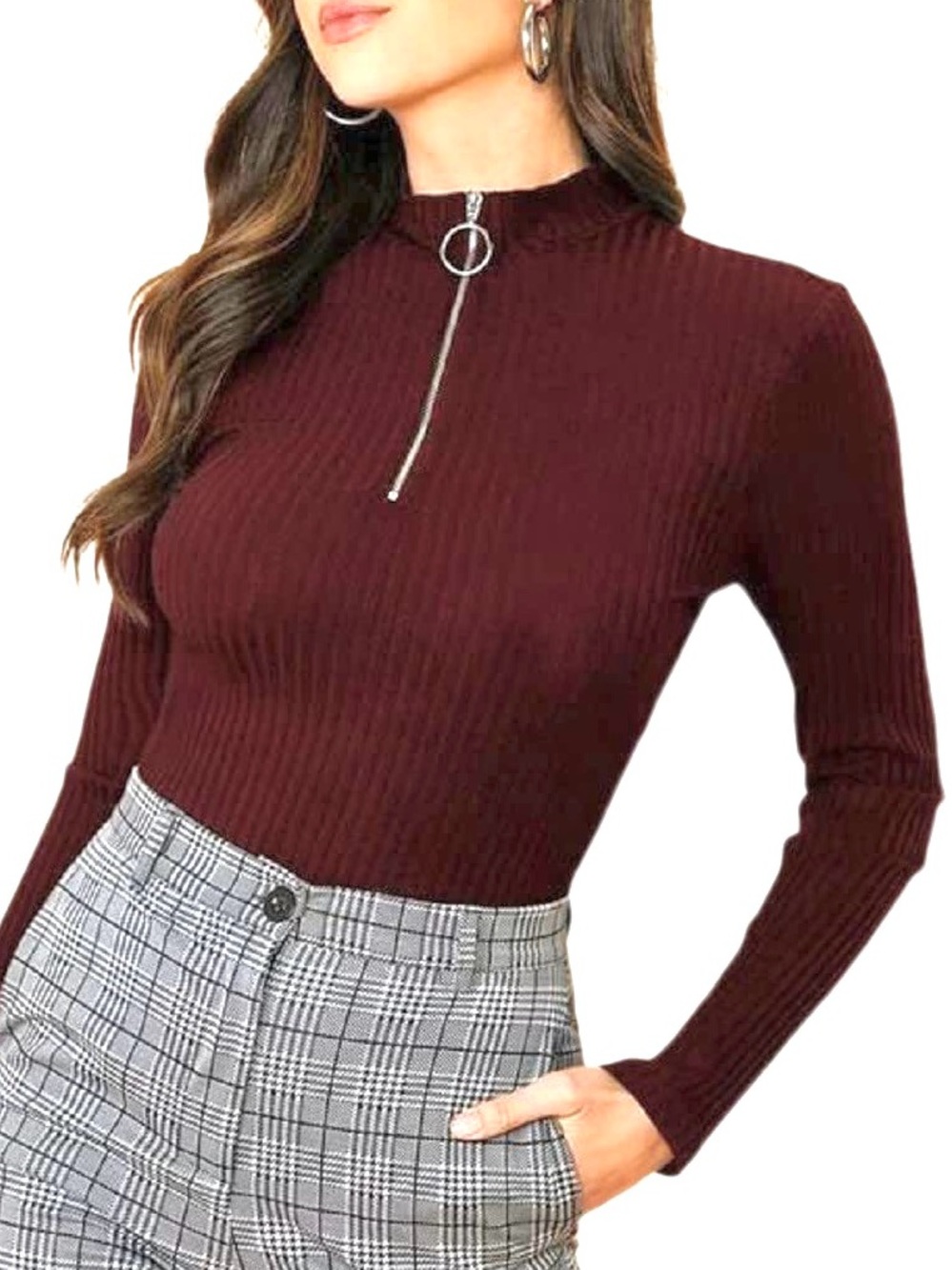 Love Tree | Burgundy Cropped Quarter Zip Pull Ring Mock Neck Pullover Sweater